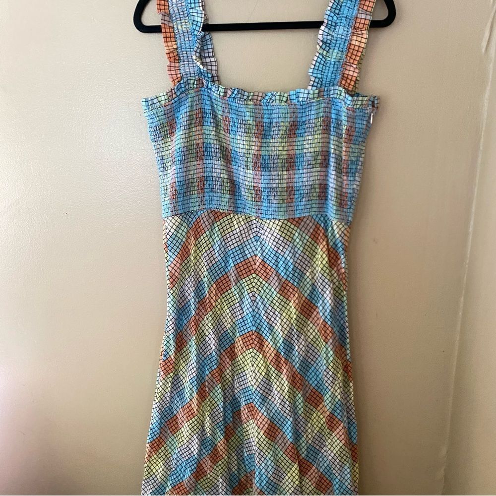 GANNI SEERSUCKER CHECK SLEEVELESS MIDI DRESS smocked cotton summer 42 L - Picture 10 of 14